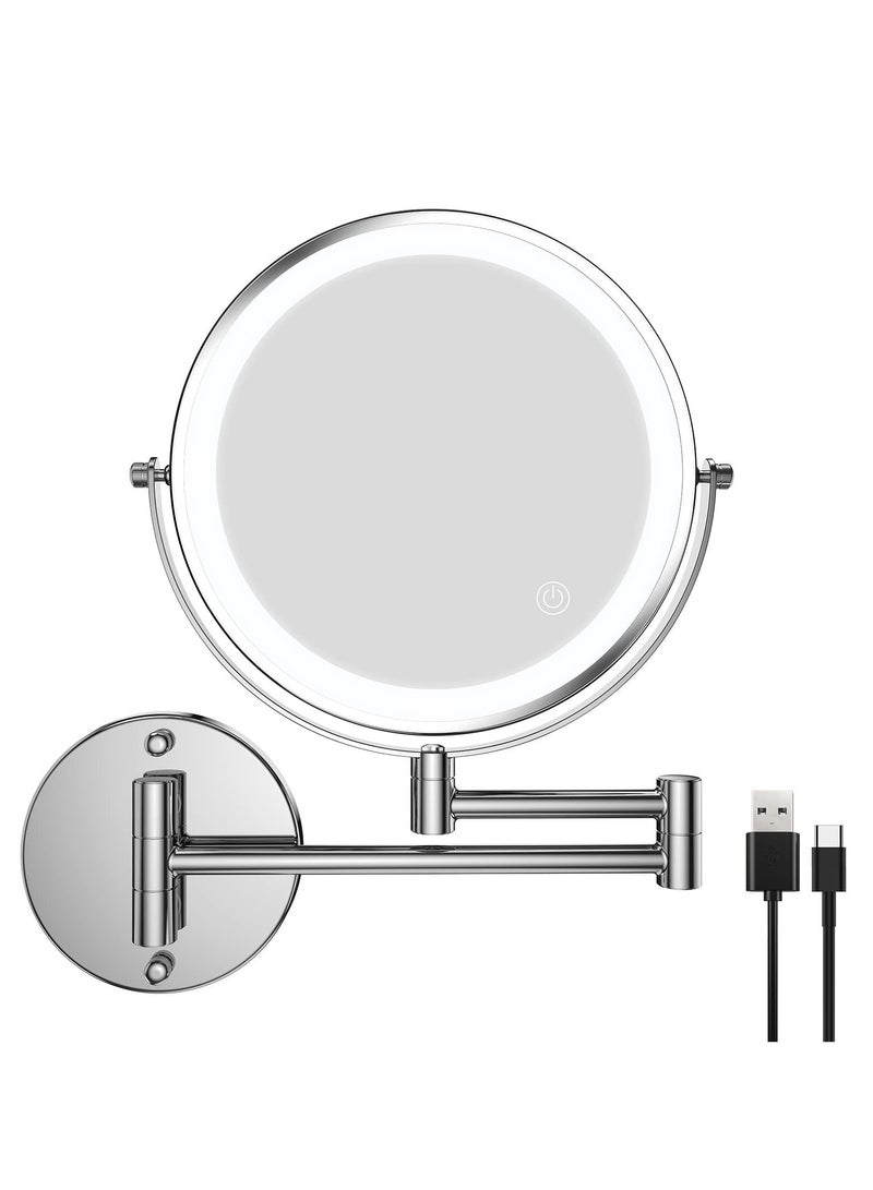 SYOSI Wall Mounted Lighted Makeup Mirror, Rechargeable 8 inches Bathroom Mirror 10X Magnification Mirror 360° Rotation Extendable LED Mirror with 3 Color Lighting/Touch Screen Dimming - Image 1