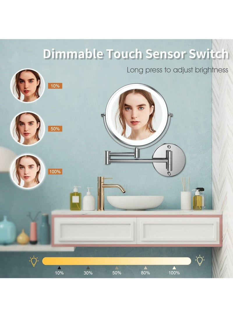 SYOSI Wall Mounted Lighted Makeup Mirror, Rechargeable 8 inches Bathroom Mirror 10X Magnification Mirror 360° Rotation Extendable LED Mirror with 3 Color Lighting/Touch Screen Dimming - Image 4