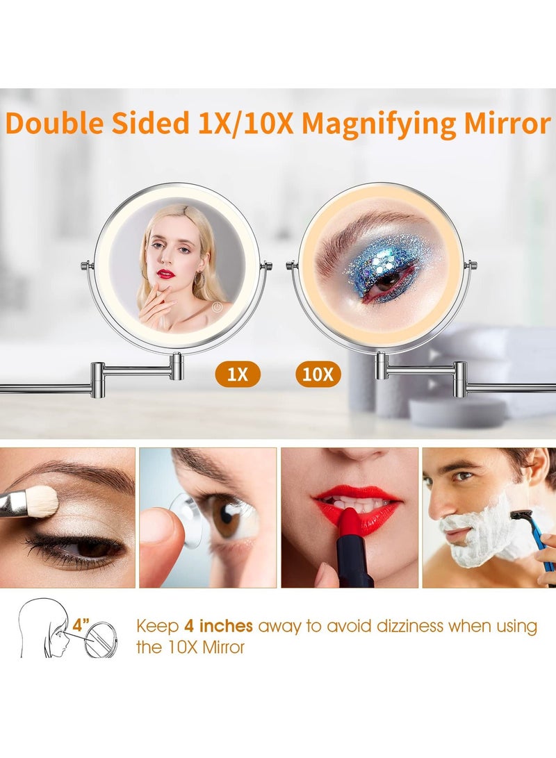 SYOSI Wall Mounted Lighted Makeup Mirror, Rechargeable 8 inches Bathroom Mirror 10X Magnification Mirror 360° Rotation Extendable LED Mirror with 3 Color Lighting/Touch Screen Dimming - Image 5