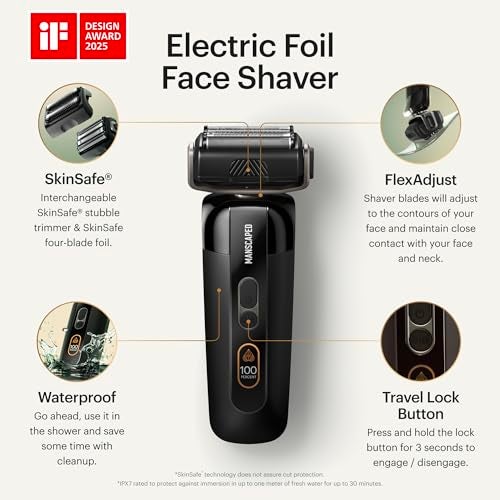 MANSCAPED® The Chairman™ PRO Men’s Electric Foil Face Shaver - Two Interchangeable Blade Heads, SkinSafe® Four-Blade Foil & Stubble Trimmer, USB-C Wireless Compatible Charging, Gentle on Neck - Image 3