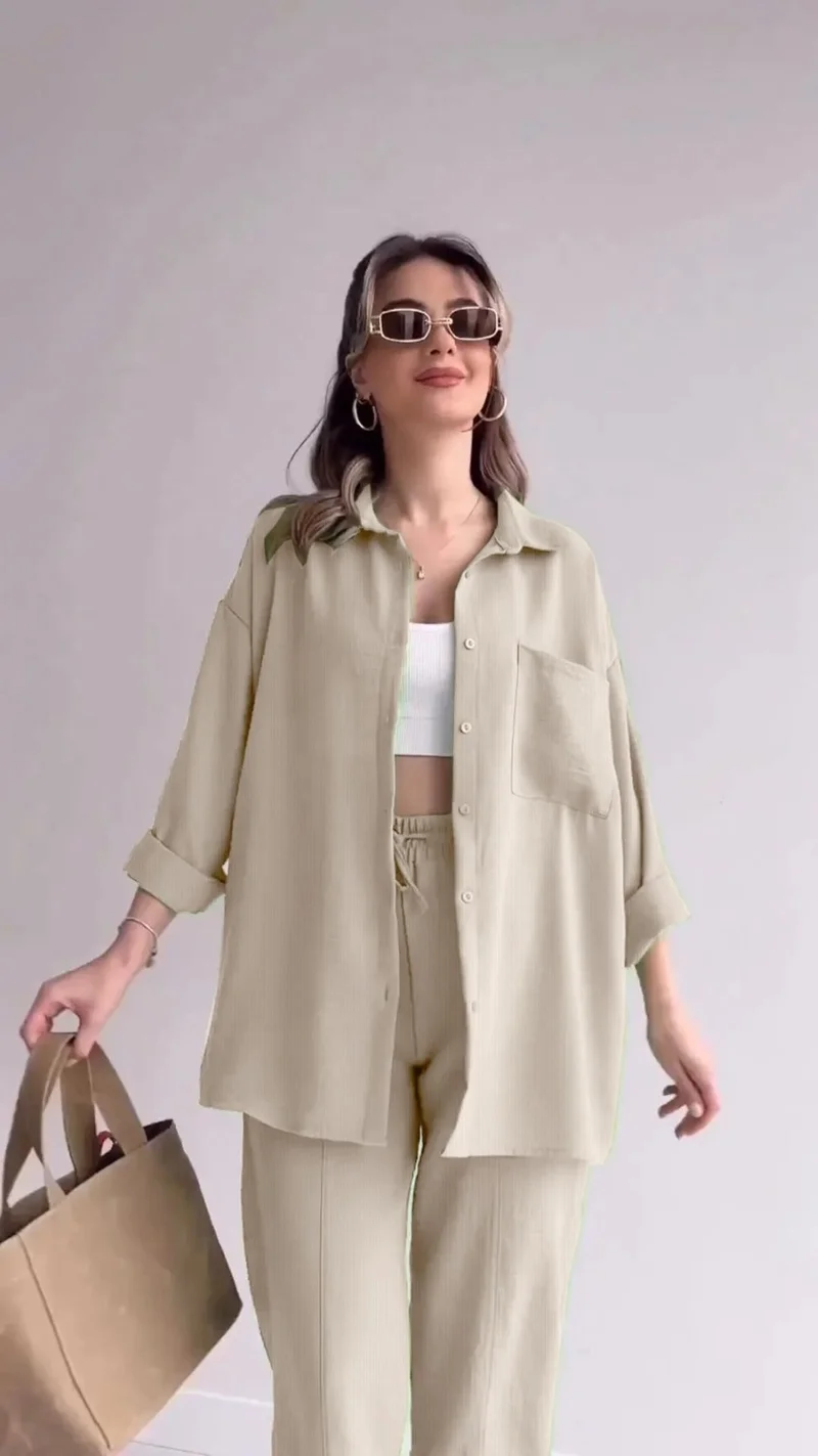 Barbora Linen Casual Two Piece Suit Pants Shirt LN21EKRU16