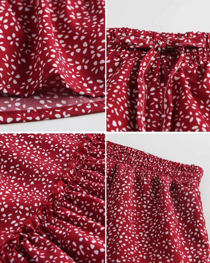 Alelly Women's Summer Cute High Waist Ruffle Skirt Floral Print Swing Beach Mini Skirt Burgundy - Image 5