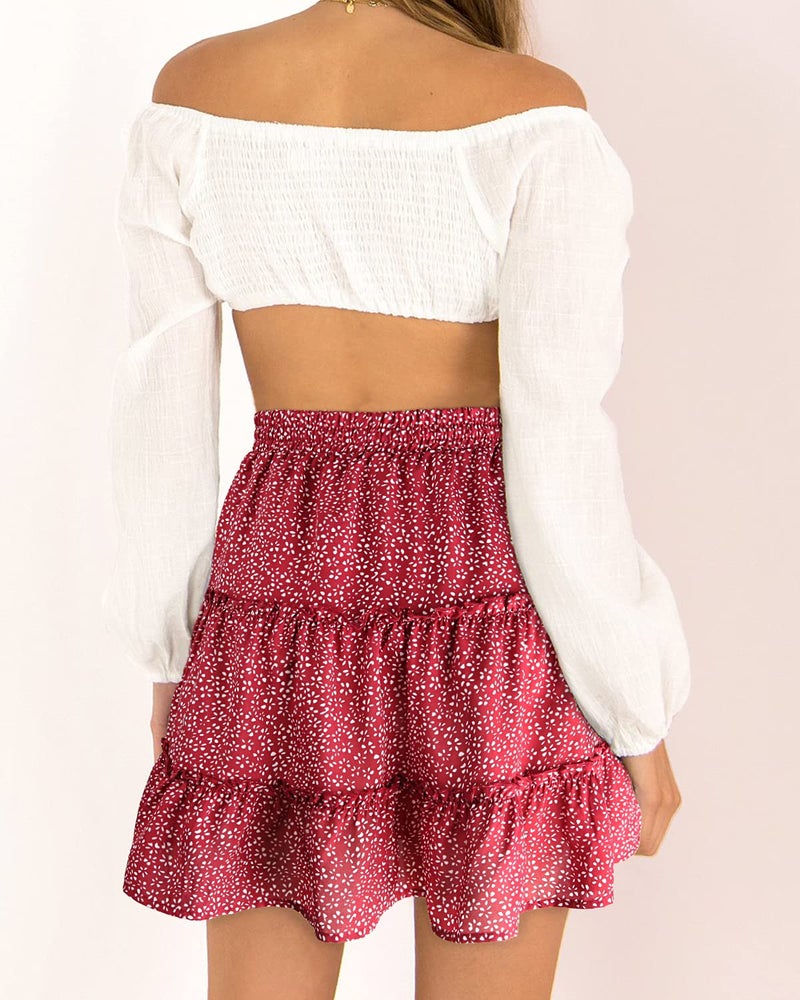 Alelly Women's Summer Cute High Waist Ruffle Skirt Floral Print Swing Beach Mini Skirt Burgundy - Image 2