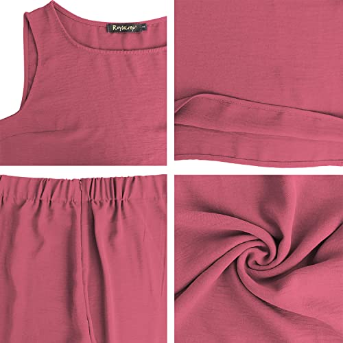 ROYLAMP Women's Summer 2 Piece Outfits Round neck Crop Top Cropped Wide Leg pants Set Travel Jumpsuits Dark Fuchsia L - Image 5