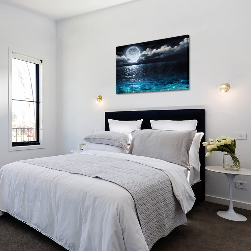 Home Trove Sechars Modern Canvas Wall Art Blue Clear Ocean Under Full Moon Picture Canvas Prints Moon In Cloud Landscape Artwork For Home Bedroom Decoration Ready To Hang 24X36 - Image 3