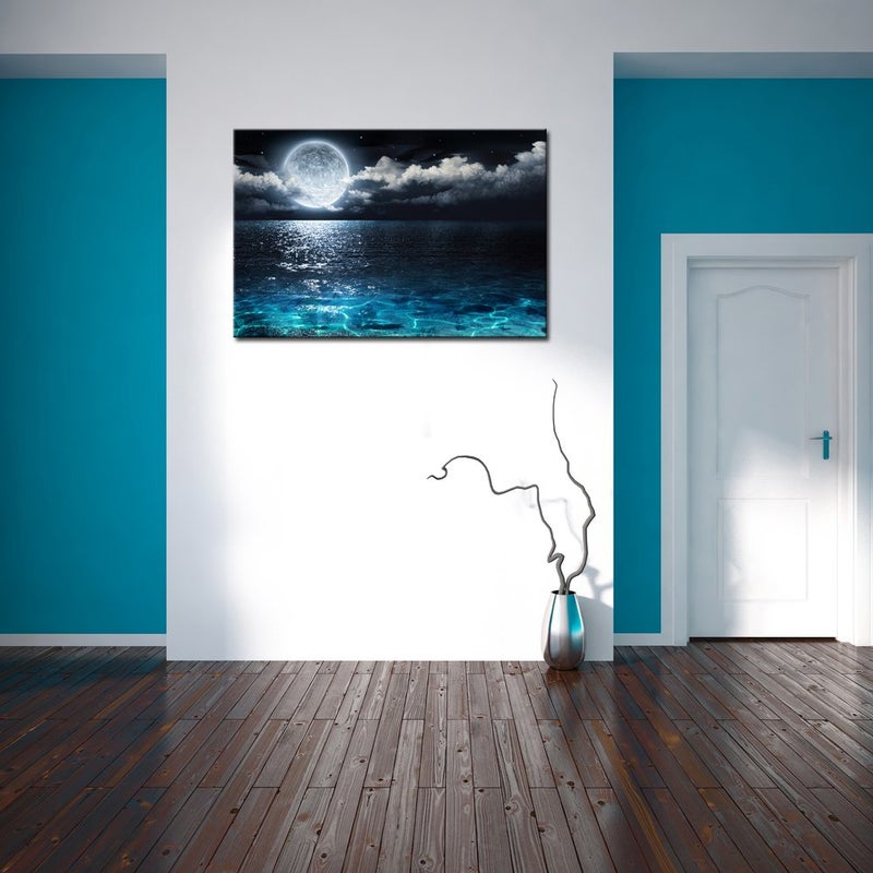 Home Trove Sechars Modern Canvas Wall Art Blue Clear Ocean Under Full Moon Picture Canvas Prints Moon In Cloud Landscape Artwork For Home Bedroom Decoration Ready To Hang 24X36 - Image 5