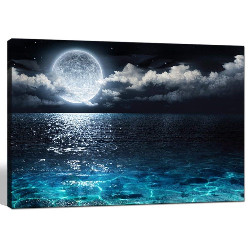 Home Trove Sechars Modern Canvas Wall Art Blue Clear Ocean Under Full Moon Picture Canvas Prints Moon In Cloud Landscape Artwork For Home Bedroom Decoration Ready To Hang 24X36 - Image 1