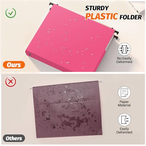 Shutex Extra Capacity Plastic Hanging File Folders,12 Pack Reinforced Expanding Hang Folder Letter Size,Accordian Pocket,Heavy Duty 2 Inch Expansion, Hard Hanging Folder Organizer for Office Home,Pink - Image 2