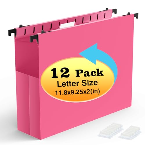 Shutex Extra Capacity Plastic Hanging File Folders,12 Pack Reinforced Expanding Hang Folder Letter Size,Accordian Pocket,Heavy Duty 2 Inch Expansion, Hard Hanging Folder Organizer for Office Home,Pink - Image 1