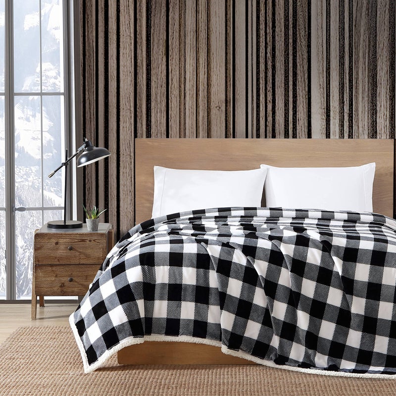 Eddie Bauer Eddie Bauer  Queen Blanket Reversible Sherpa Fleece Bedding Buffalo Plaid Home Decor for All Seasons Black Check Queen 