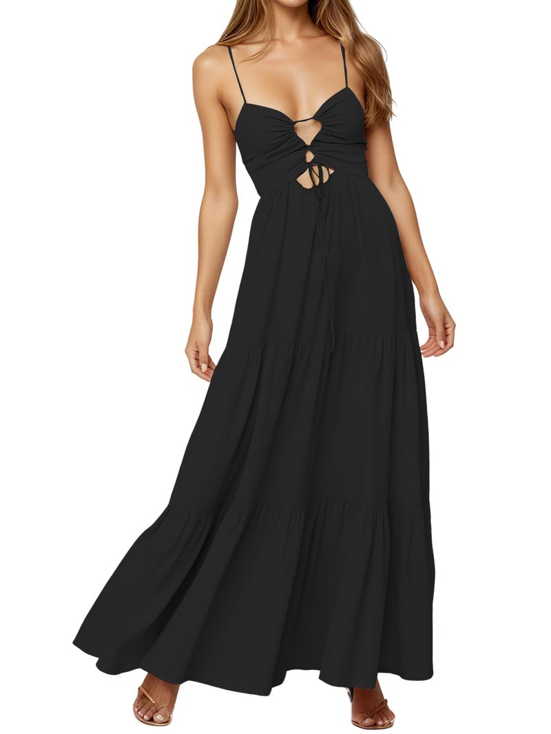 Mokayee Summer Dresses for Women 2026 Black Spaghetti Strap Backless Low Cut Tie Front Smocked Ruffle Tiered Cami Flowy Trendy Vacation Long Milkmaid Dresses Boho Maxi Beachwear Sun Dress XS - Image 1