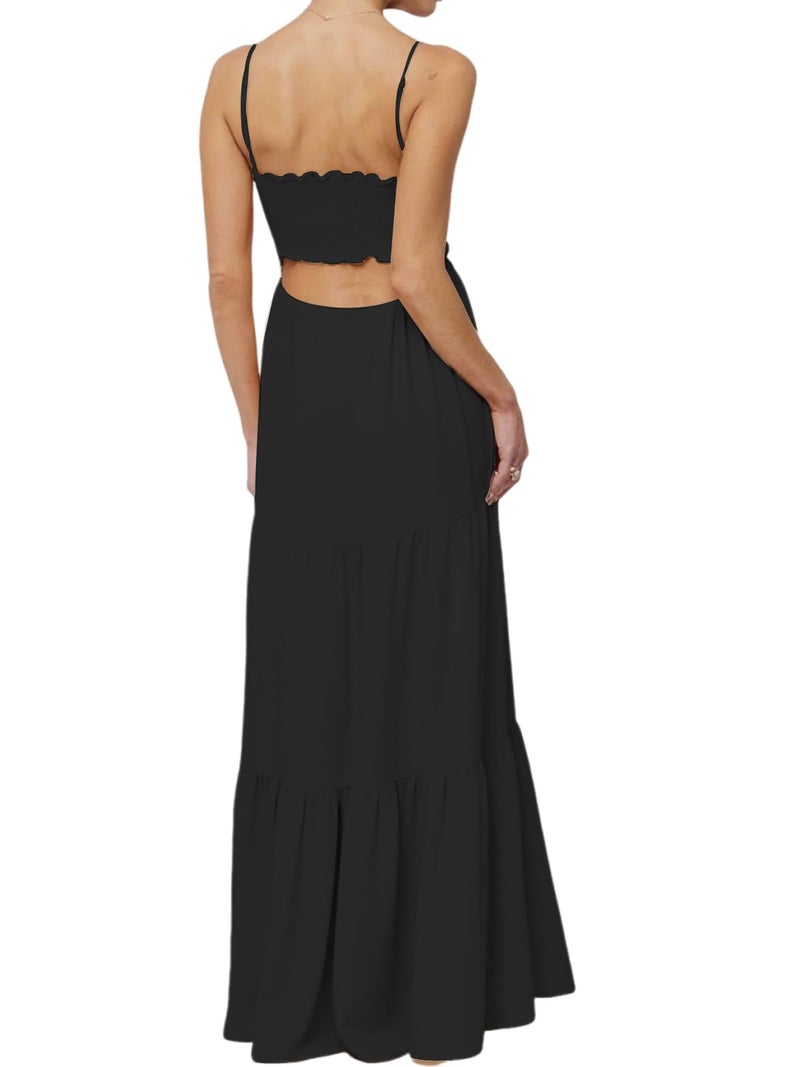 Mokayee Summer Dresses for Women 2026 Black Spaghetti Strap Backless Low Cut Tie Front Smocked Ruffle Tiered Cami Flowy Trendy Vacation Long Milkmaid Dresses Boho Maxi Beachwear Sun Dress XS - Image 2