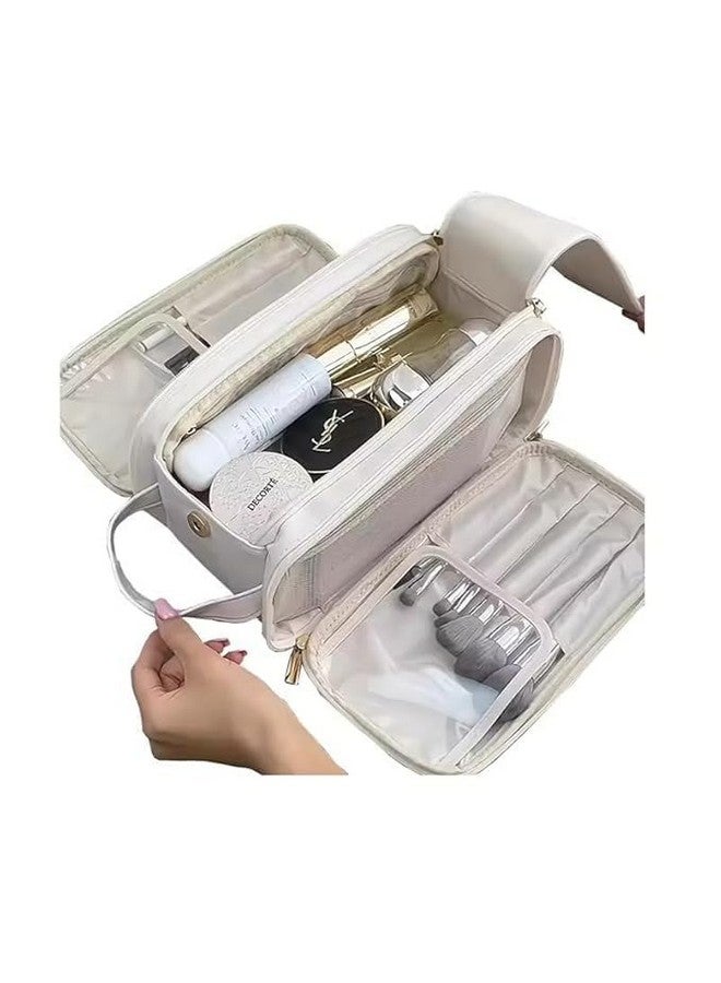 PEIPUS Portable Cosmetic Organiser Bag, Large Capacity Travel Makeup Storage Case, Double-Layer with Zipper Closure, Beige - Image 2