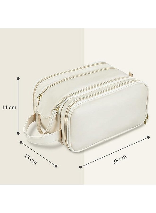 PEIPUS Portable Cosmetic Organiser Bag, Large Capacity Travel Makeup Storage Case, Double-Layer with Zipper Closure, Beige - Image 3