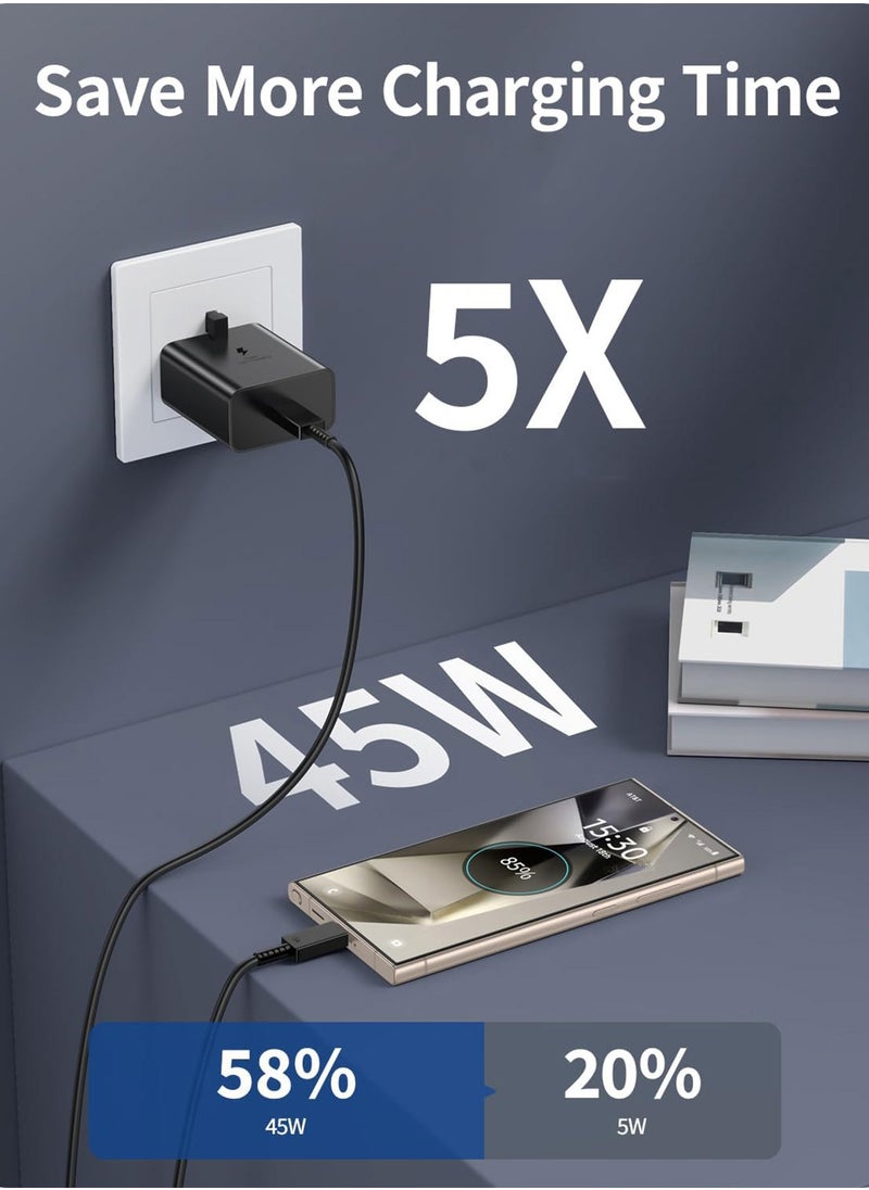 ماركة غير محددة - شاحن فائق السرعة بقوة 45 وات لمقبس سامسونج من النوع C مع كابل USB C، محول مقبس شاحن حائط وكابل متوافق مع Samsung Galaxy S24 Ultra/S24 Plus/S23 FE/S24/S22/S21 S20، A54 A25 A15 A05S A53 A34 A23 5G، Z Fold 4 5/Z Filp، Tab S7 S8 S9 باللون الأسود - Image 1