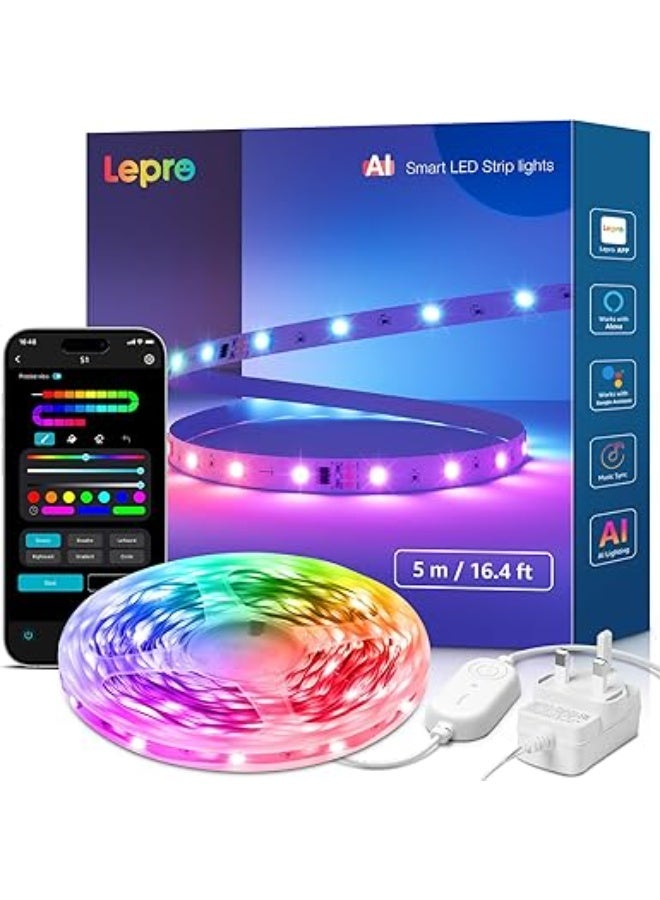 Lepro S1 AI Smart Rainbow LED Strip Light 5M, 30 LEDs/M, Music Sync, Works with Alexa & Google Home, WiFi Bluetooth App Voice Control, AI Lighting Design Assistant, MagicColor LED Lights for Bedroom - Image 1