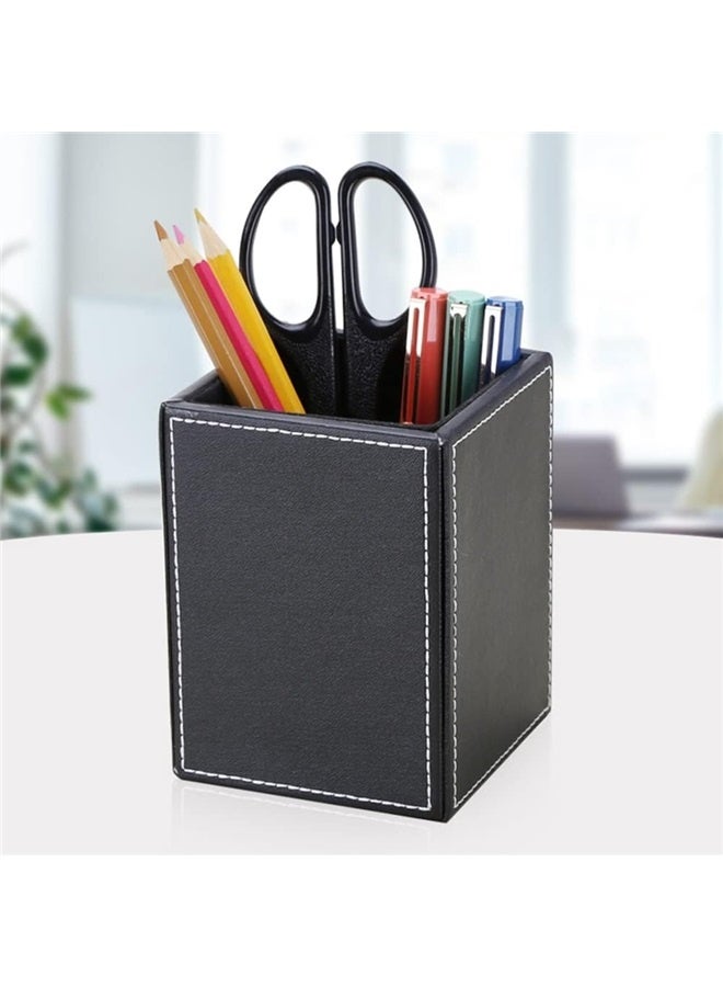 Generic PU Leather Square Pens Pencils Holder Cup Desktop Stationery Organizer Case Office Accessories Container Box (Black)  - Image 1