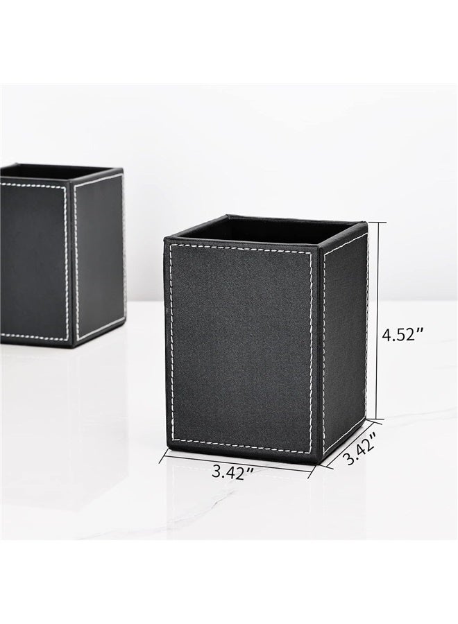 Generic PU Leather Square Pens Pencils Holder Cup Desktop Stationery Organizer Case Office Accessories Container Box (Black)  - Image 3