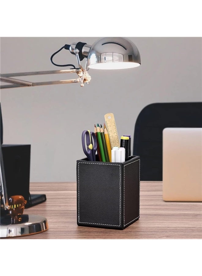 Generic PU Leather Square Pens Pencils Holder Cup Desktop Stationery Organizer Case Office Accessories Container Box (Black)  - Image 5