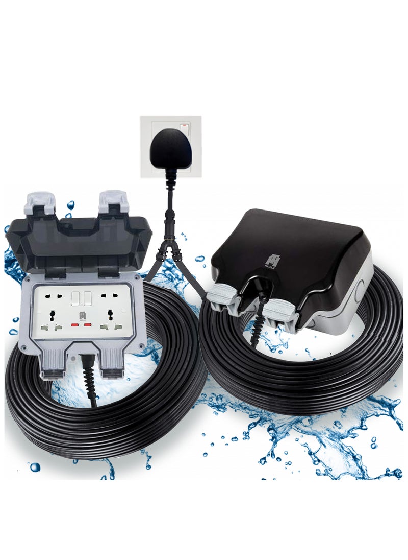 Hassan Hassan 13A Dual Universal Waterproof Extension Socket with Long Heavy-Duty Cord – IP66 Outdoor Weatherproof Power Plug, 220V, 3m/10m/30m for Garden, Garage & Kitchen Use  - Image 1