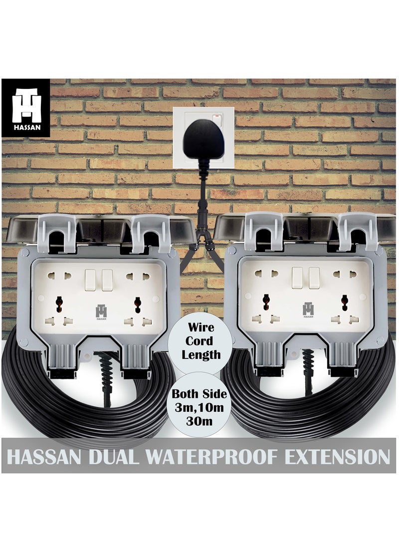 Hassan Hassan 13A Dual Universal Waterproof Extension Socket with Long Heavy-Duty Cord – IP66 Outdoor Weatherproof Power Plug, 220V, 3m/10m/30m for Garden, Garage & Kitchen Use  - Image 3