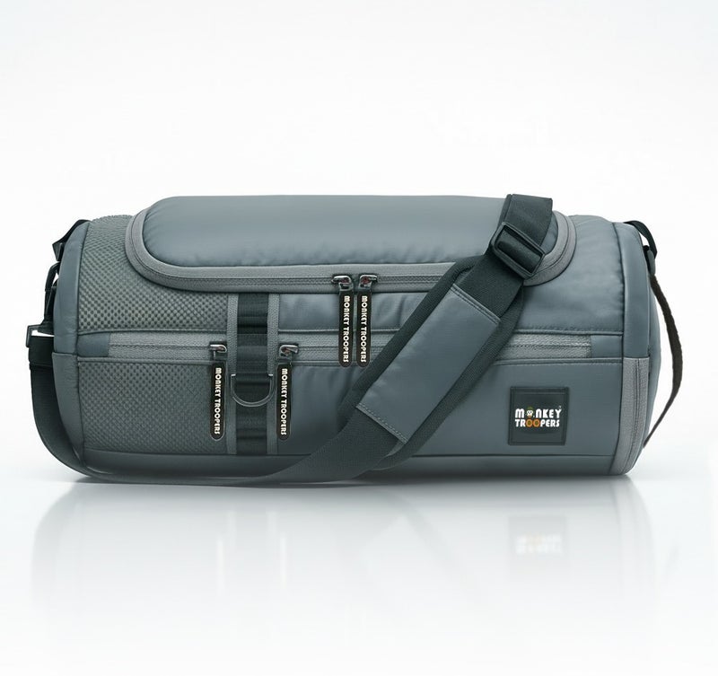 Monkey Troopers Pumpack Duffle Bag for Men & Women, 16L Water-Resistant Polyester Gym Bag with Shoe Compartment, Interior Organizer, Outer Pockets, Detachable Shoulder Strap, Grey - Image 3