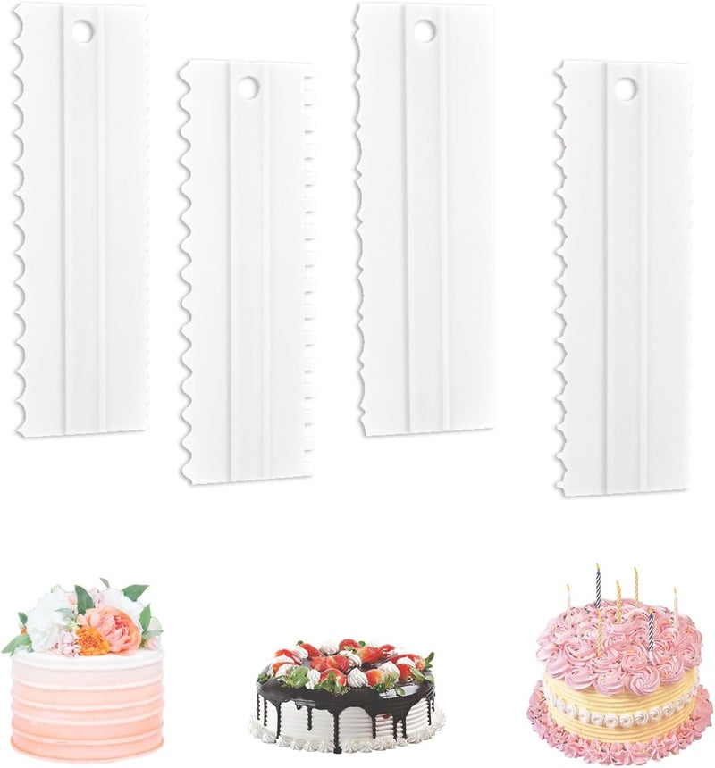 EKIND Cake Scraper Set Double Sided Icing Smoother Long Edge Buttercream Spatula Comb for Decorating Mousse Pastry Tools Baking Supplies(4 Pcs White) - Image 1