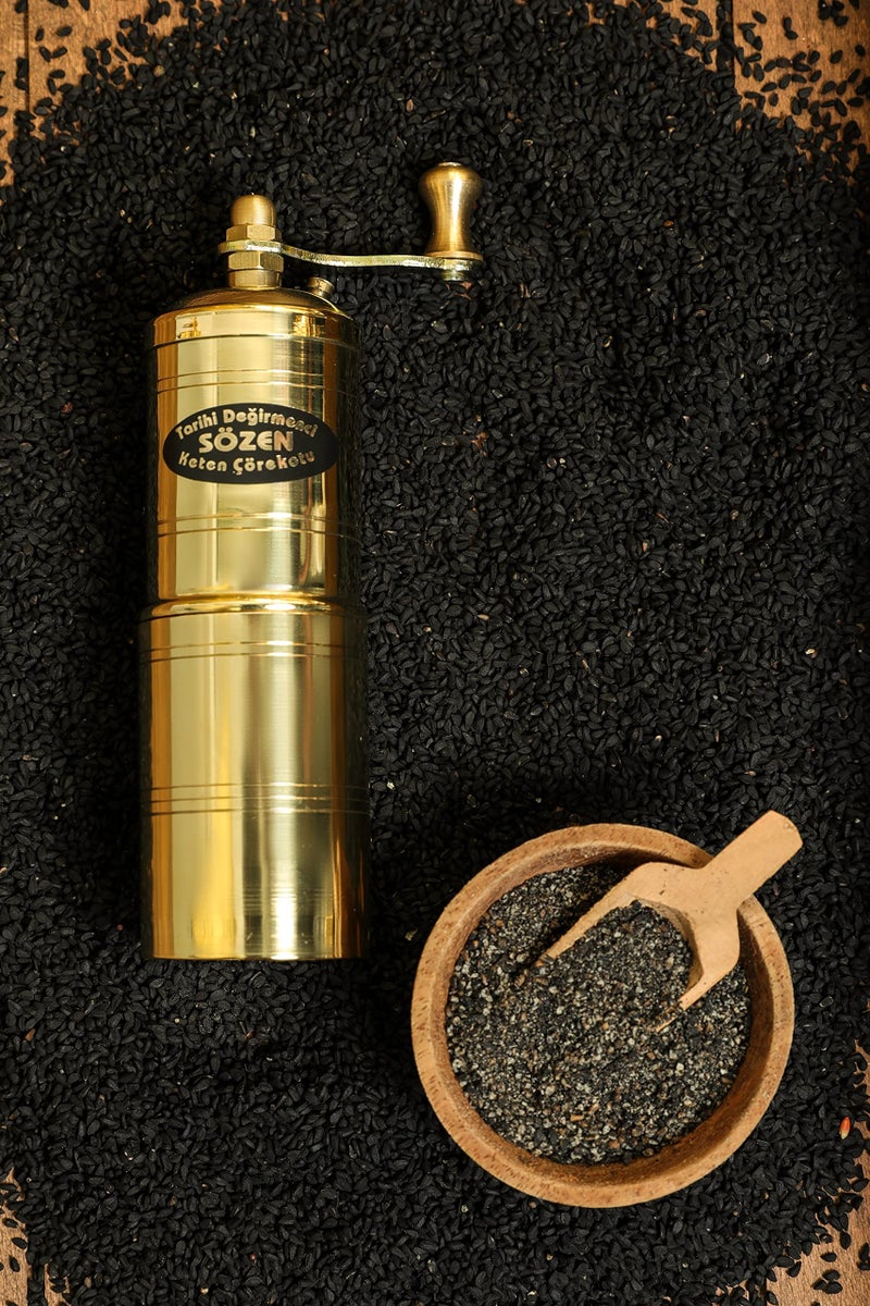 Ottoman Inspirations Handmade Sozen Black Seed Grinder Manual Brass Mill 5.91'', Portable Stainless Steel Conical Burr Black Seed Mill, Portable Hand Crank Turkish Black Seed Grinder, Sozen Black Seed Grinders  - Image 4