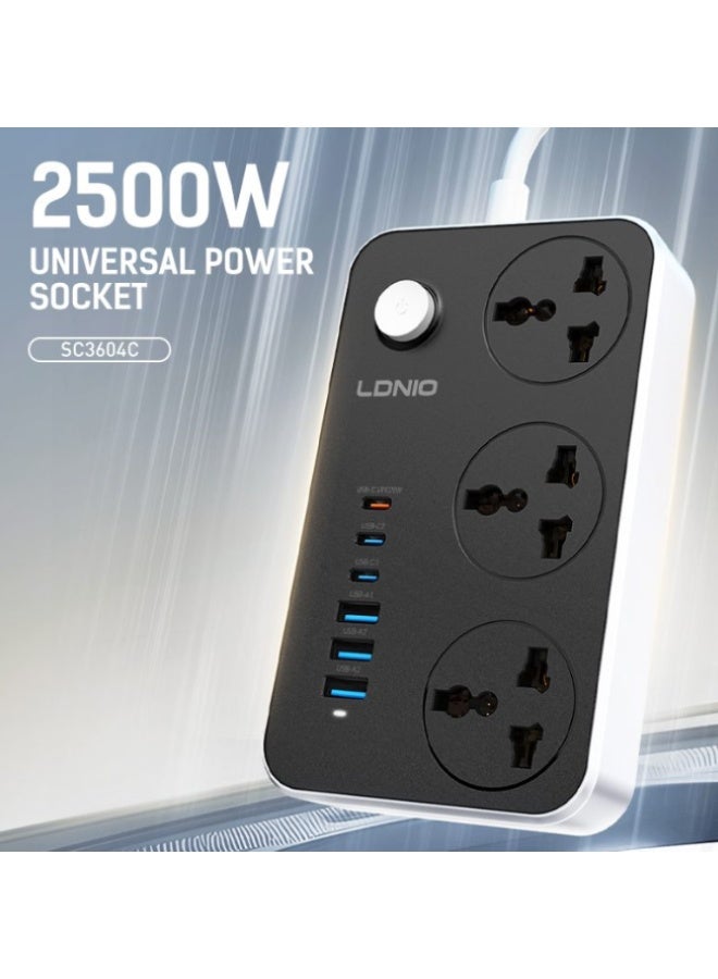 LDNIO Universal Power Strip with 3 Sockets and USB/Type-C Fast Charging Ports, 2500W - Image 3