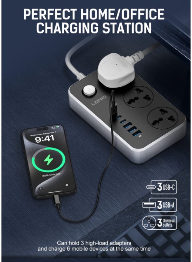 LDNIO Universal Power Strip with 3 Sockets and USB/Type-C Fast Charging Ports, 2500W - Image 4