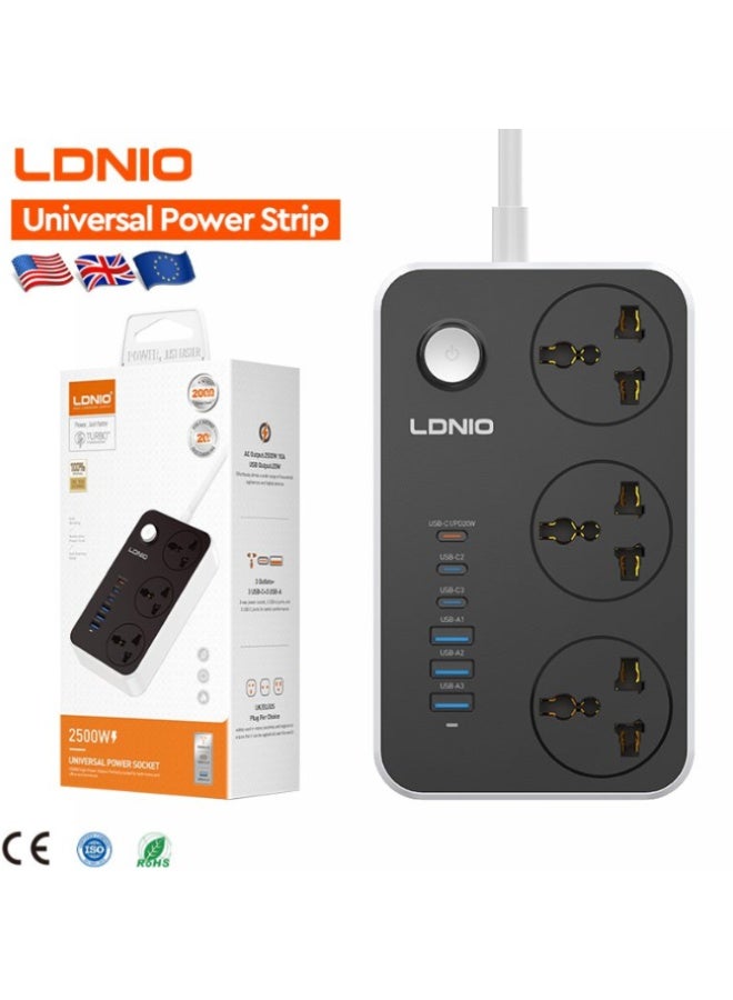LDNIO Universal Power Strip with 3 Sockets and USB/Type-C Fast Charging Ports, 2500W - Image 2