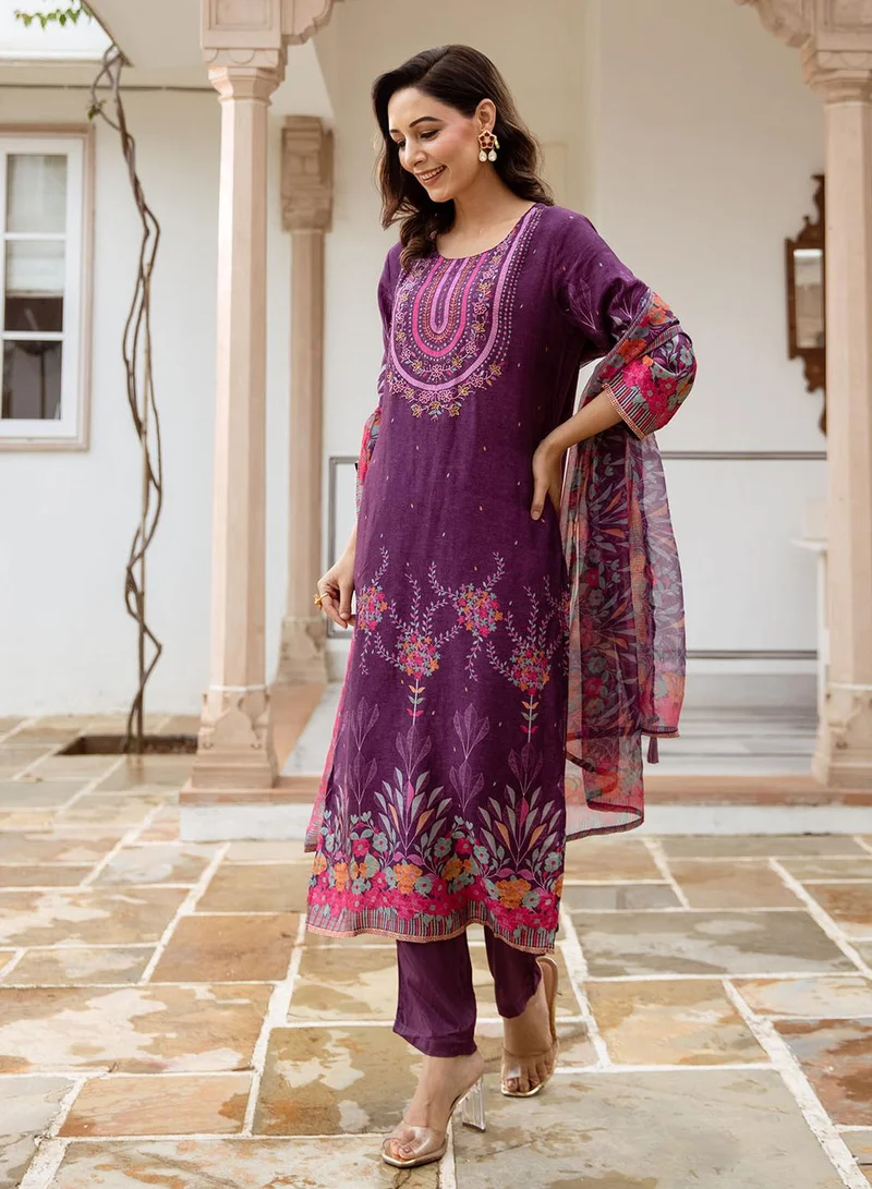 ISHIN Women's Purple Silk Printed Tunic Full Length Casual Straight Fit Kurta Set