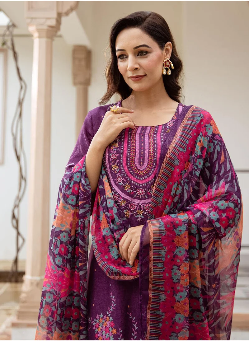 آي شين Women's Purple Silk Printed Tunic Full Length Casual Straight Fit Kurta Set