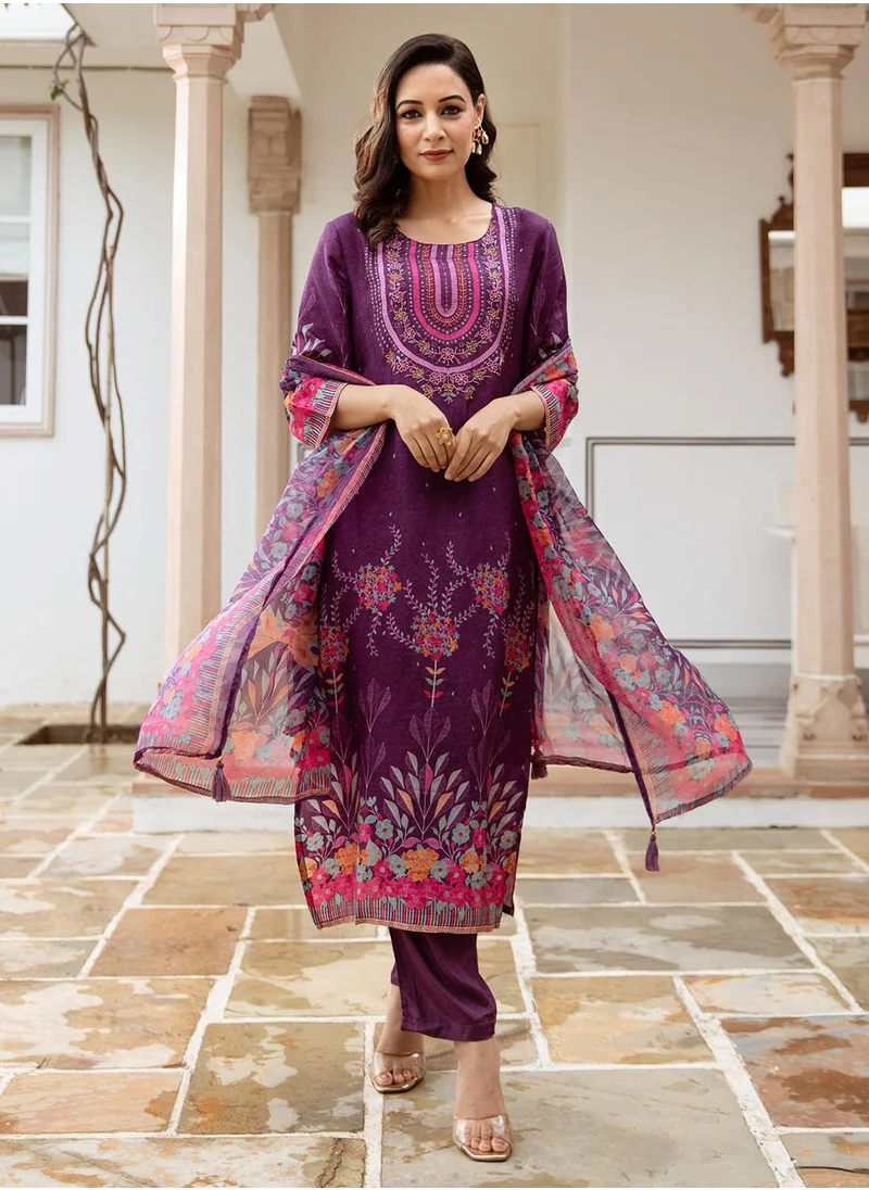 آي شين Women's Purple Silk Printed Tunic Full Length Casual Straight Fit Kurta Set