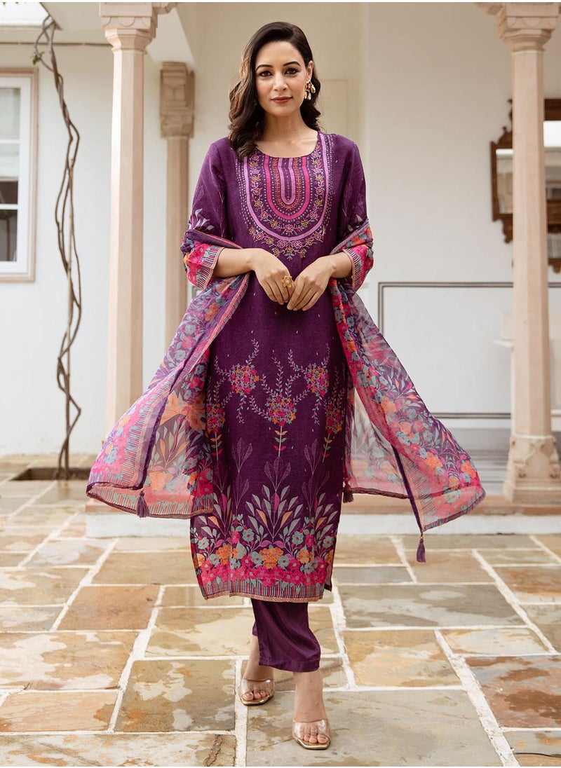 ISHIN Women's Purple Silk Printed Tunic Full Length Casual Straight Fit Kurta Set  - Image 1