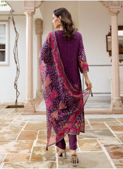 ISHIN Women's Purple Silk Printed Tunic Full Length Casual Straight Fit Kurta Set  - Image 3