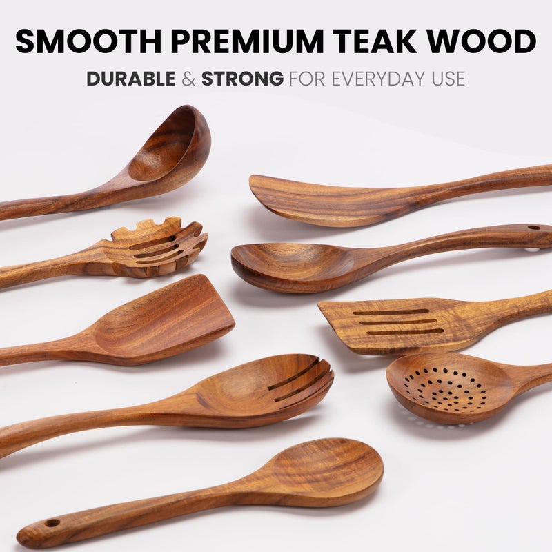 Zulay Kitchen 9-Piece Teak Wooden Utensils for Cooking - Natural Teak Utensil Set with Premium Gift Box - Non-Stick Wooden Spoons for Cooking - Kitchen Gift Set - Comfortable Grip Wooden Utensil Set - Image 3