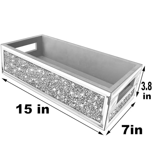 Wocred Bathroom Basket Toilet Tank,Crushed Diamond Mirrored Bathroom Tray Wall-Mounted,Silver Storage Organizer fits Dresser Bedroom,Bathroom,Coffee Table.(15”x7”x3.8”) - Image 4