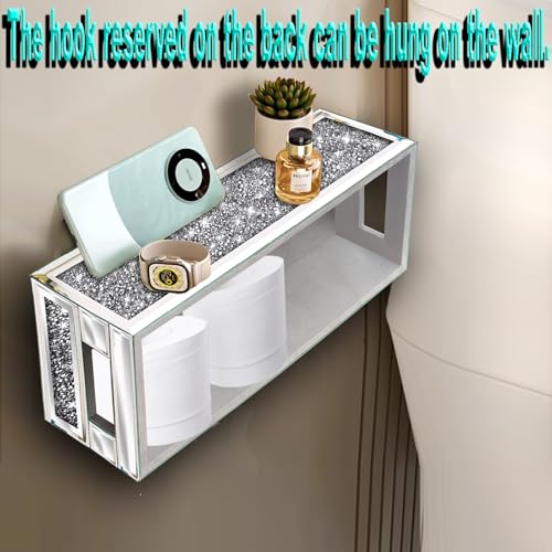 Wocred Bathroom Basket Toilet Tank,Crushed Diamond Mirrored Bathroom Tray Wall-Mounted,Silver Storage Organizer fits Dresser Bedroom,Bathroom,Coffee Table.(15”x7”x3.8”) - Image 3