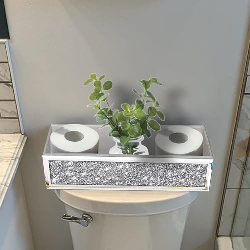 Wocred Bathroom Basket Toilet Tank,Crushed Diamond Mirrored Bathroom Tray Wall-Mounted,Silver Storage Organizer fits Dresser Bedroom,Bathroom,Coffee Table.(15”x7”x3.8”) - Image 2