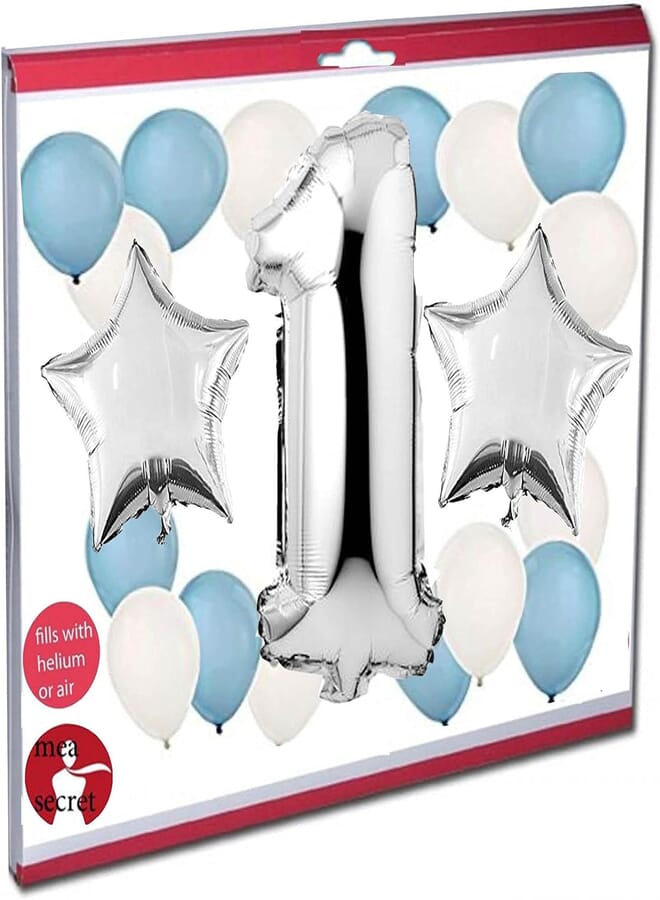Secret secret Large Number One 1 Silver, With 10 Blue & 10 White Balloons Bouquet Set, First Birthday Boy - 2pcs silver stars 
