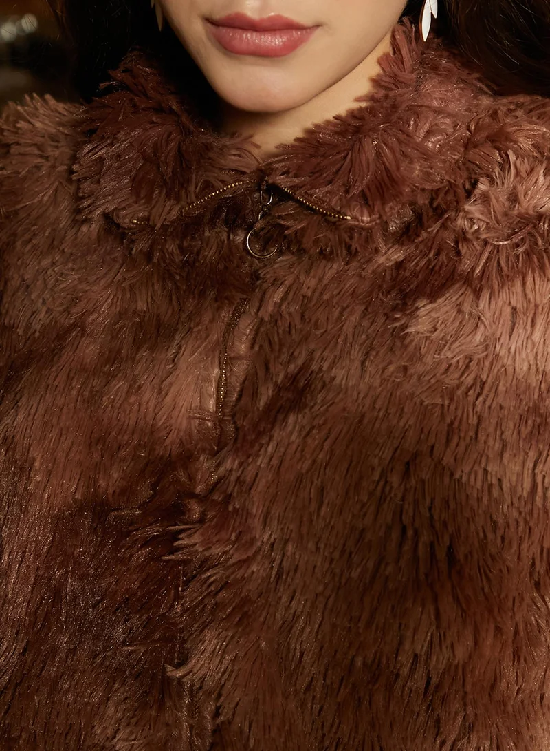 Campus Sutra Women's Chocolate Brown Shaggy Faded Jacket