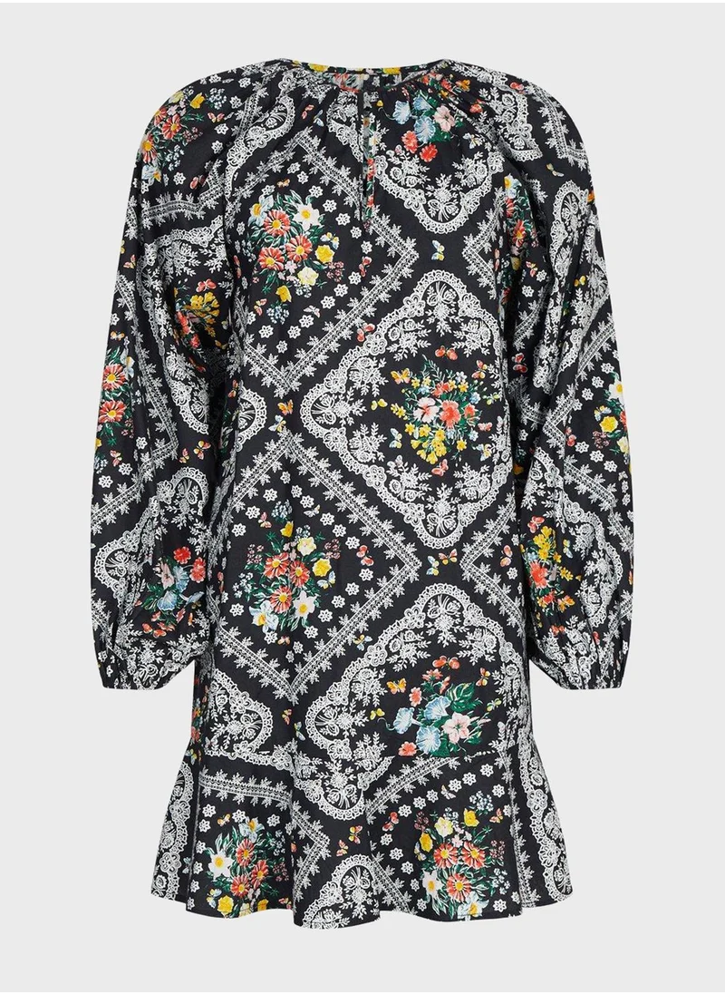 Oasis Printed Ruffle Detail Puff Sleeve Dress