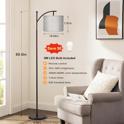 Ambimall 60" Floor Lamp with Remote Control and Stepless Dimmable Bulb, Colors Temperature & Brightness Adjustable, Modern Floor Lamps for Living Room, Gray Shade & Black Pole - Image 2