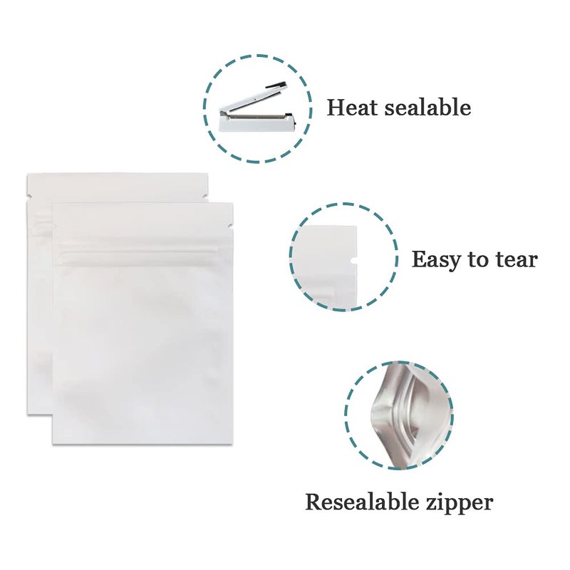 PABCK 100 Pcs 2.9x3.9inch (2.5x2.7inch inside size) Matte White Front Window Resealable Foil Zipper Lock Pouch for Zip Reclosable Lock Food Storage Bags Heat Seal Pouch Airtight Edible Grocery Pack - Image 2