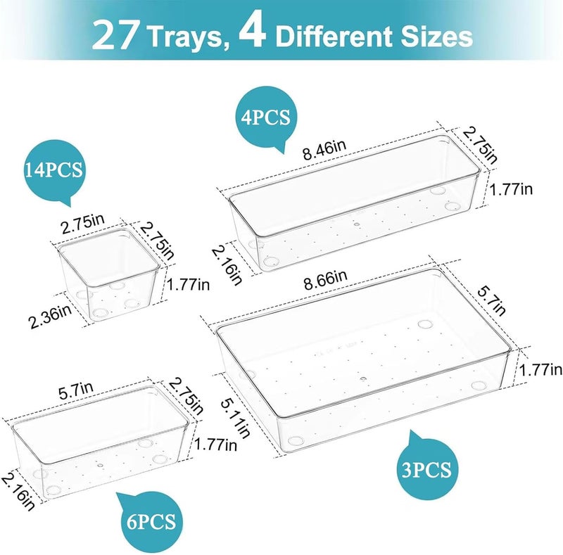 Pioleackflew 27 Pack Clear Plastic Drawer Organizer Set - 4 Sizes Makeup Vanity Organizer Chest of Drawers Storage Stackable Organizers Bins Divider Box for kitchens, Bedrooms, Bathrooms, Offices, Junk, Gadgets - Image 3