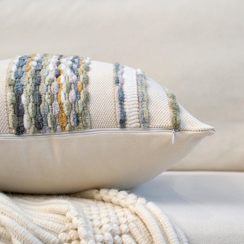 Aeckself Boho Pillow Covers 18x18 Inch Set of 2, Farmhouse Decorative Striped Square Chenille Tufted Accent Neutral Throw Pillow Covers for Living Room Couch Bed, Gray Blue - Image 3