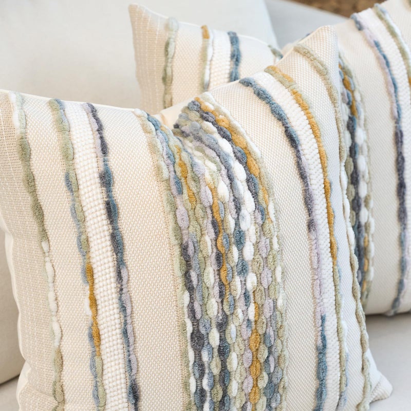 Aeckself Boho Pillow Covers 18x18 Inch Set of 2, Farmhouse Decorative Striped Square Chenille Tufted Accent Neutral Throw Pillow Covers for Living Room Couch Bed, Gray Blue - Image 2