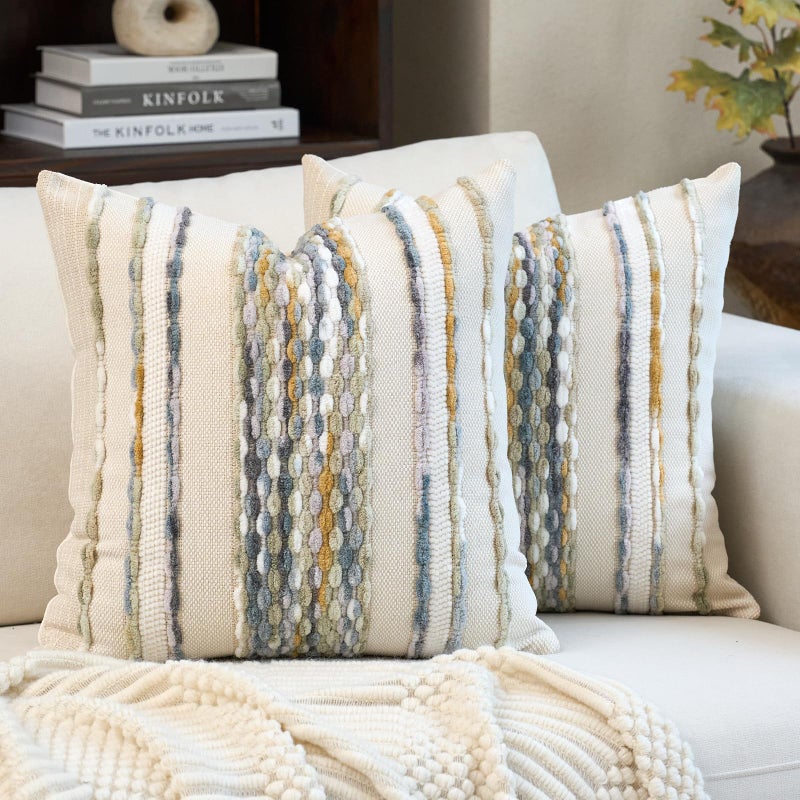 Aeckself Boho Pillow Covers 18x18 Inch Set of 2, Farmhouse Decorative Striped Square Chenille Tufted Accent Neutral Throw Pillow Covers for Living Room Couch Bed, Gray Blue - Image 1