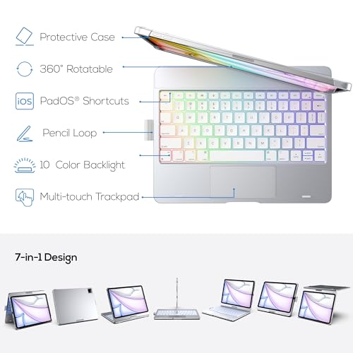 typecase حافظة لوحة المفاتيح اللمسية من تايب كيس لجهاز آيباد إير 11 بوصة (M3/M2، 2025/2024) و آيباد برو 11 (الجيل 4/3/2/1)، لوحة تتبع متعددة اللمس، إضاءة خلفية بـ 11 لون، قابلة للدوران 360° لجهاز آيباد إير 5/4، فضي - Image 3